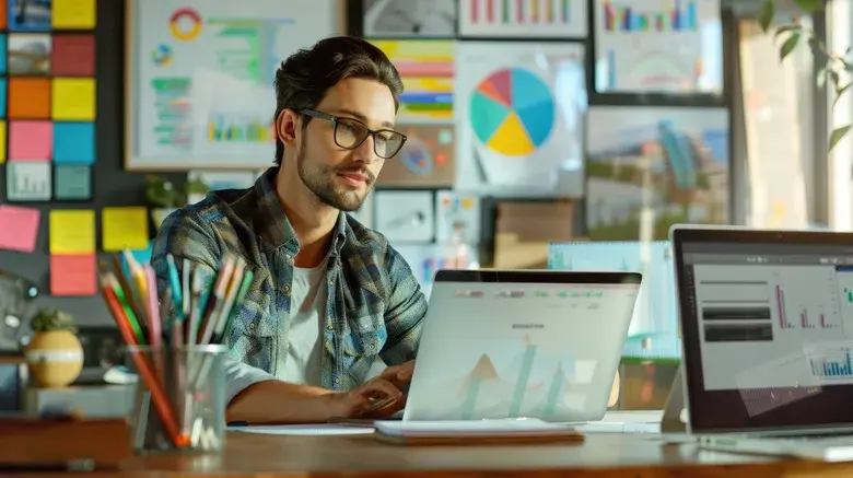 Digital marketer analyzing website analytics and SEO performance on laptop