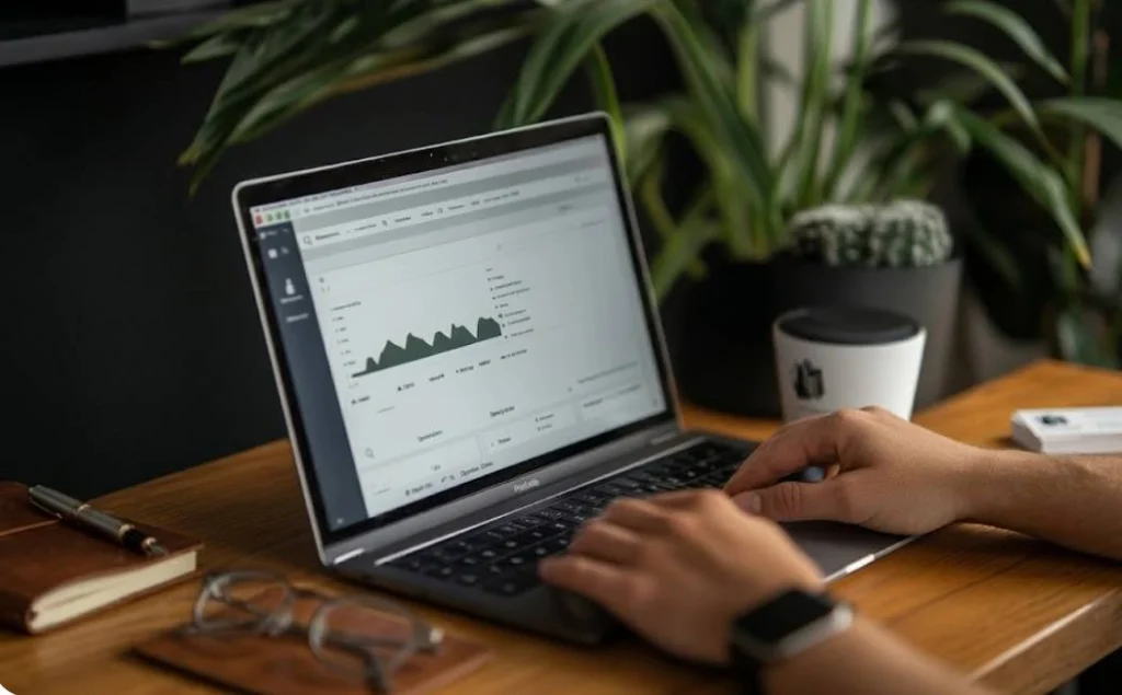 Person analyzing data on laptop dashboard