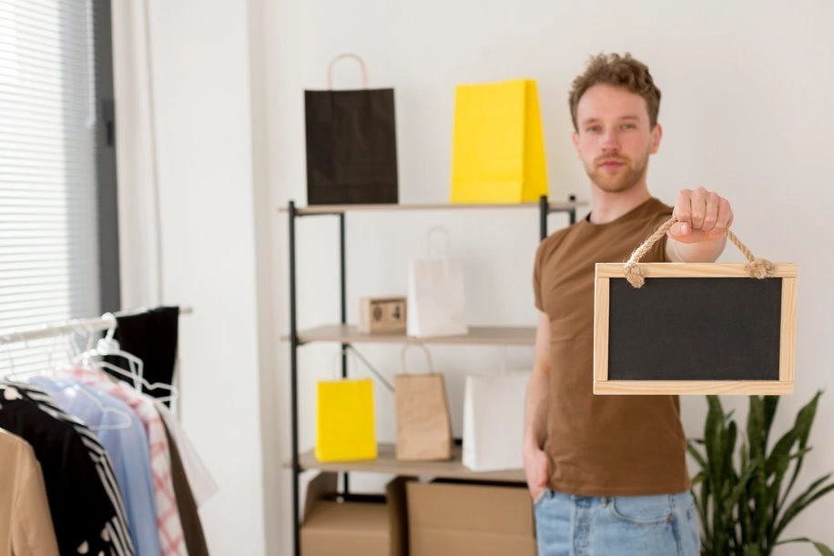 Small business owner holding a blank signboard in an online retail workspace with shopping bags and clothing displays.