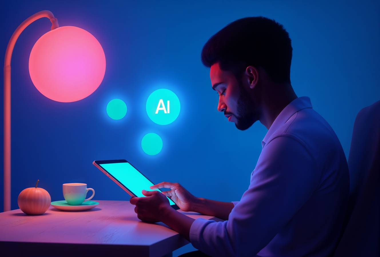 Man using tablet with AI interface